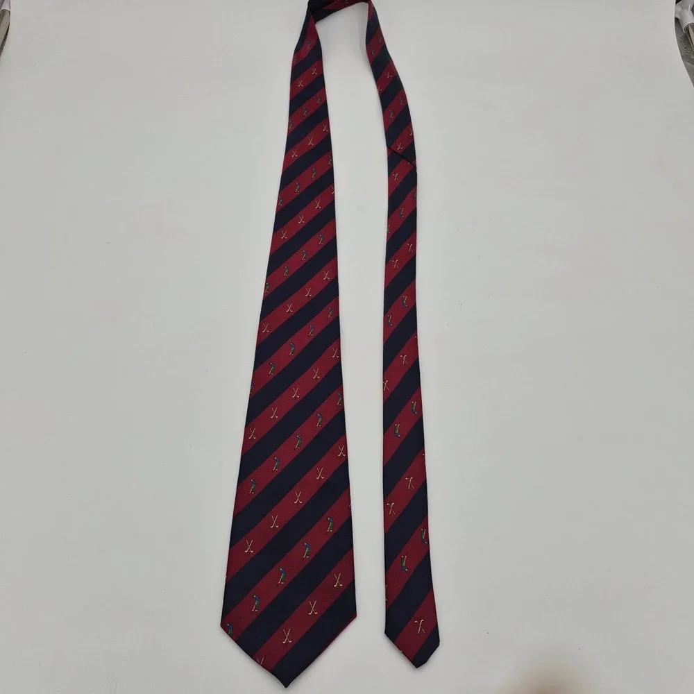 Rene Chagal Mens Silk Tie Navy Blue Burgundy Striped Golf Theme Handmade